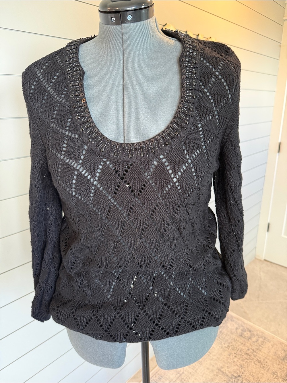 White House Black Market Black Open-Knit Scoop Neck Sweater